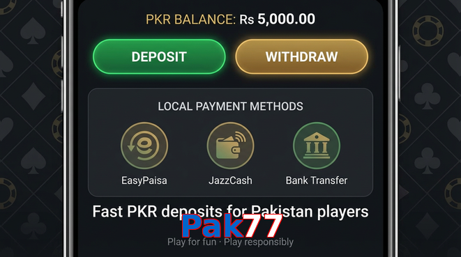 Deposit and withdrawal screen with PKR methods